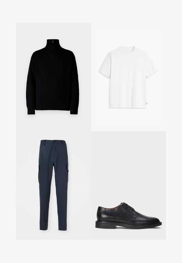 Černý žebrovaný rolák s polovičním zipem na límci, dlouhé rukávy a volný střih. Textura je měkká a hrubá.; Bílá bavlněná tričko s krátkými rukávy, klasickým výstřihem a decentním logem Levi's vytištěným uprostřed. Měkká textura a standardní střih.; Námořnické cargo kalhoty s texturovanou tkaninou, slim fit, zapínání na knoflík v pase a boční kapsy pro větší praktičnost.; Černé kožené společenské boty s kulatou špičkou, šněrováním a nízkým podpatkem. Hladký povrch s minimálním šitím.