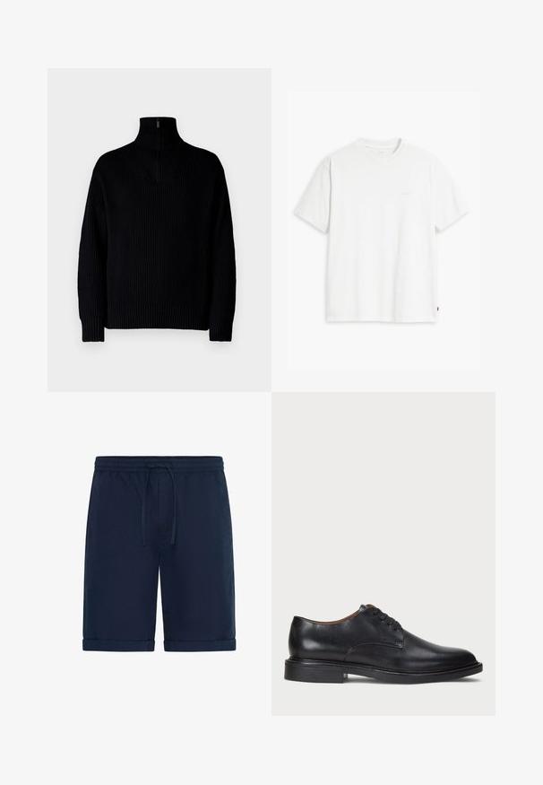 Zwarte geribbelde coltrui met een halve rits bij de kraag, voorzien van lange mouwen en een comfortabele pasvorm. De structuur is zacht en chunky.; Witte katoenen T-shirt met korte mouwen, ronde hals en subtiele Levi's logo gedrukt in het midden. Zachte textuur en standaard pasvorm.; Marineblauwe shorts gemaakt van lichtgewicht stof, met een elastische tailleband en een trekkoord, en opgerolde zoom voor een casual uitstraling.; Zwart leren dresschoen met een ronde neus, vetersluiting en een lage gestapelde hak. Gladde textuur met minimale stiksels.