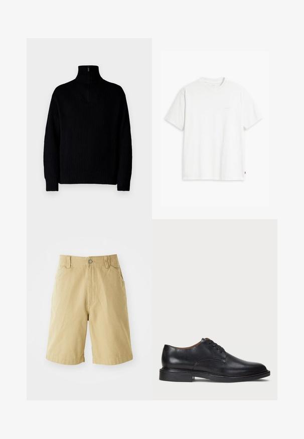 Maglione a collo alto nero a coste con mezza zip al collo, caratterizzato da maniche lunghe e una vestibilità comoda. La texture è morbida e spessa.; T-shirt bianca in cotone con maniche corte, colletto tondo e logo Levi's discreto stampato al centro. Texture morbida e vestibilità standard.; Pantaloni corti color khaki in cotone, con zip e chiusura a bottone, due tasche laterali e vestibilità rilassata. Texture liscia, design fino al ginocchio.; Scarpa da uomo in pelle nera con punta rotonda, design con lacci e tacco basso impilato. Texture liscia con dettagli di cucitura minimi.