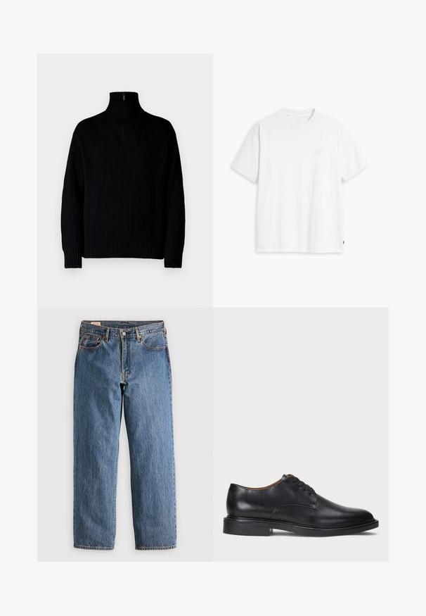 Pulôver preto de gola alta com canelado e fecho de meio zíper na gola, apresentando mangas longas e um corte descontraído. A textura é macia e espessa.; T-shirt de algodão branco com mangas curtas, decote redondo e logo discreto da Levi's impresso no centro. Tecido macio e ajuste padrão.; Blue jeans de denim com um corte reto, apresentando uma cintura alta, rebites em cobre e costura laranja. Inclui bolsos frontais e traseiros.; Sapato de vestido em couro preto com bico redondo, design com atacadores e um salto baixo empilhado. Textura suave com detalhes de costura mínimos.