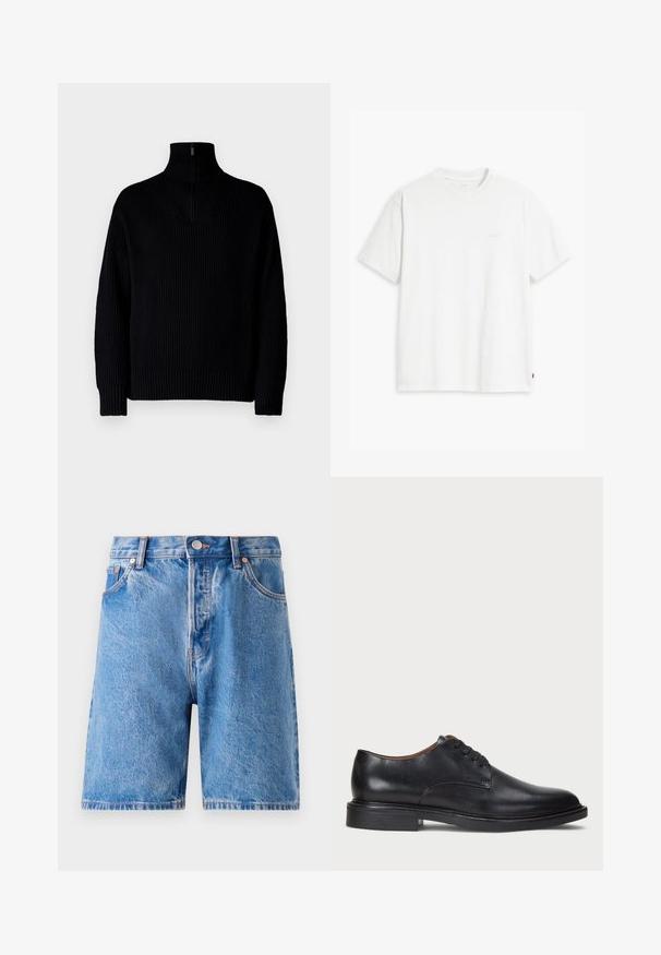 Fekete bordázott garbó pulóver fél cipzárral a gallérnál, hosszú ujjakkal és laza szabással. A textúrája puha és vastag.; Fehér pamut póló rövid ujjakkal, kerek nyakkal és diszkrét Levi's logóval a középen. Puha tapintású és szabványos szabású.; Világoskék farmer sort, elhalványított mosással. Klasszikus öt zsebes kialakítással, gombos záródással és réz színű szegecsekkel rendelkezik.; Fekete bőrből készült dresszcipő kerek orral, fűzős kialakítással és alacsony, rétegelt sarkával. Simás felület minimális varrási részletekkel.