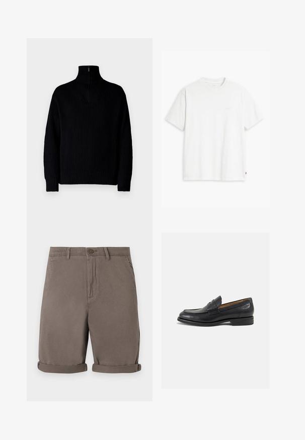 Maglione a collo alto nero a coste con mezza zip al collo, caratterizzato da maniche lunghe e una vestibilità comoda. La texture è morbida e spessa.; T-shirt bianca in cotone con maniche corte, colletto tondo e logo Levi's discreto stampato al centro. Texture morbida e vestibilità standard.; Shorts di cotone marroni con taglio dritto, dotati di chiusura con bottone e risvolti. Tessuto liscio, senza pattern o dettagli visibili.; Mocassini in pelle nera con finitura liscia, punta arrotondata e cuciture decorative sulla tomaia. Tacco basso impilato e leggero lucido.