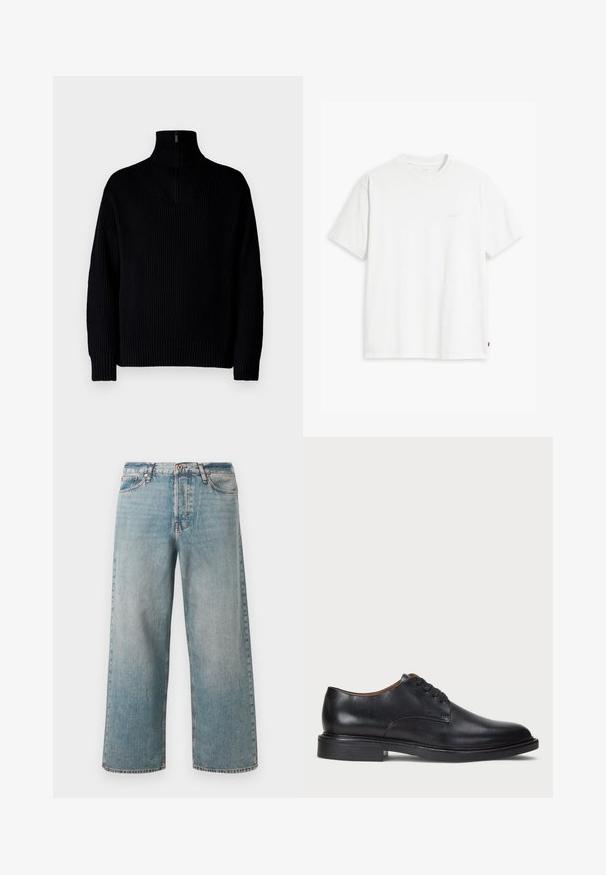 Juodas surištas golfas su pusiau užtraukiamu uždaru apykakle, ilgomis rankovėmis ir laisvu siluetu. Audinys yra minkštas ir storas.; Balta medvilninė marškinė su trumpomis rankovėmis, apvaliu kaklu ir subtiliu Levi's logotipu viduryje. Minkšta tekstūra ir standartinė išvaizda.; Šviesiai mėlynos, aukštu liemeniu, plačios kojos džinsai su priekyje esančiu užtrauktuku ir mygtuku, penkiais kišenėmis ir išblukusiu audiniu.; Juodas odinis suknių batelis su apvalia nosimi, raišteliais ir žemu, sukrautu kulnu. Lygus paviršius su minimaliais siuvinėjimo detalėmis.