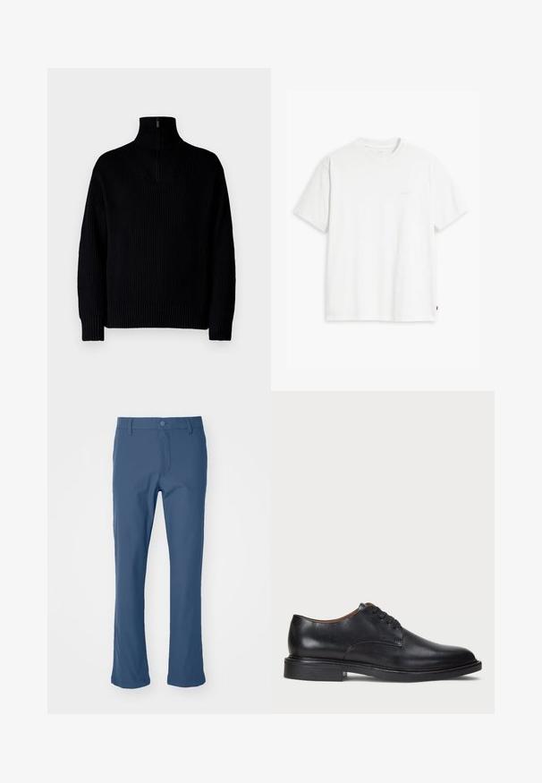 Črna rebrasta pulover z visoko ovratnikom in zadrgo do polovice ovratnika, dolgimi rokavi in sproščenim krojem. Tekstura je mehka in debela.; Bela bombažna majica s kratkimi rokavi, okroglim ovratnikom in subtilnim logotipom Levi's, natisnjenim na sredini. Mehak material in standardna oblika.; Modre hlače ravnega kroja iz gladkega materiala z gumbom in zadrgo. Imajo stranske žepe in čisto, oblikovano zasnovo.; Črne usnjene oblečne čevlje s krožno konico, zavezovanje z vezalkami in nizko plastiko. Gladka tekstura z minimalnimi šivi.