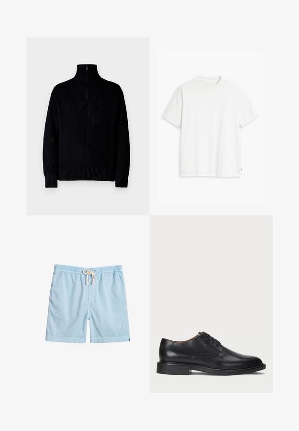 Black ribbed turtleneck sweater with a half-zip at the collar, featuring long sleeves and a relaxed fit. The texture is soft and chunky.; White cotton t-shirt with short sleeves, round neckline, and a subtle "Levi's" logo printed in light color on the front.; Light blue swim shorts made of soft fabric, featuring an elastic waistband, front pockets, and a drawstring tie for adjustability.; Black leather dress shoe with a round toe, lace-up design, and a low stacked heel. Smooth texture with minimal stitching details.