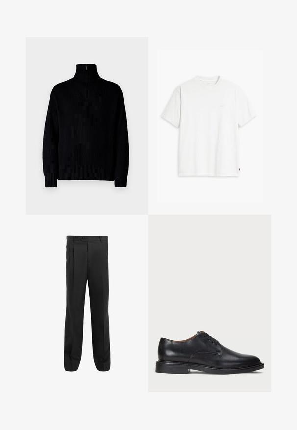 Čierny rebrovaný rolák so zipsom po polovici goliera, s dlhými rukávmi a voľným strihom. Textúra je mäkká a robustná.; Biely bavlnený tričko s krátkymi rukávmi, okrúhlym výstrihom a jemným logom Levi's potlačeným v strede. Mäkčená textúra a štandardný strih.; Čierne nohavice so strihom rovného nohavice, s prešívaním, jedným gombíkom a pútkom na opasok. Vyrobené z hladkého materiálu.; Čierne kožené spoločenské topánky s okrúhlym špičkou, šnurovacím dizajnom a nízkym zloženým podpätkom. Hladký povrch s minimálnymi švovými detailmi.