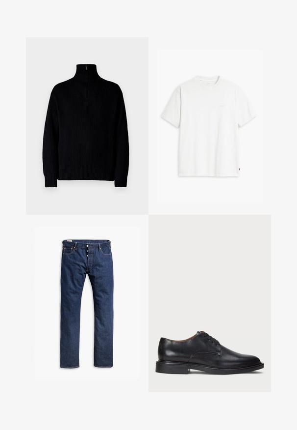 Suéter negro de cuello alto de canalé con media cremallera en el cuello, presenta mangas largas y un ajuste relajado. La textura es suave y gruesa.; Camiseta de algodón blanca con mangas cortas, cuello redondo y un sutil logo "Levi's" impreso en color claro en la parte frontal.; Jeans de mezclilla azul oscuro con un diseño de pierna recta, costuras en contraste, cierre de botón y estilo de cinco bolsillos.; Zapato de vestir de cuero negro con punta redonda, diseño con cordones y un tacón bajo apilado. Textura lisa con detalles de costura mínimos.