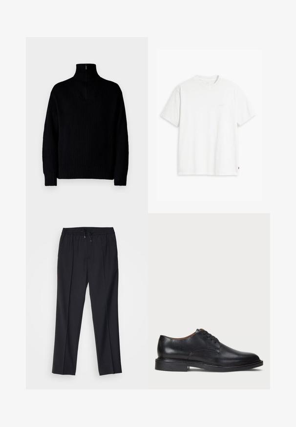 Crni rebrasti pulover s visokim vratom i polu-zatvaračem na ovratniku, ima duge rukave i opušteni kroj. Tekstura je mekana i gusta.; Bijela pamučna majica kratkih rukava, s okruglim izrezom i suptilno otisnutim Levi's logotipom u sredini. Mekana tekstura i standardni kroj.; sandro ALPHA - Chino hlače - noir; Crne kožne cipele s okruglim vrhom, vezanjem i niskim stogom. Glatka tekstura s minimalnim šavovima.
