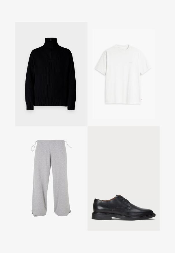 Schwarzer gerippter Rollkragenpullover mit einem Halb-Reißverschluss am Kragen, langärmlig und in lässiger Passform. Die Textur ist weich und grob.; Weißes Baumwoll-T-Shirt mit kurzen Ärmeln, Rundhalsausschnitt und dezentem Levi's-Logo in der Mitte. Weicher Stoff und normale Passform.; Hellgraue weite Hosen aus weicher Baumwolle mit verstellbaren Kordelzügen am Bund und Saum für eine individuelle Passform.; Schwarze Lederdressschuhe mit runder Zehenform, Schnürdesign und niedrigem gestapeltem Absatz. Glatte Textur mit minimalen Nähten.