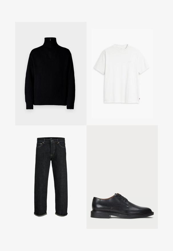 Suéter negro de cuello alto de canalé con media cremallera en el cuello, presenta mangas largas y un ajuste relajado. La textura es suave y gruesa.; Camiseta de algodón blanca con mangas cortas, cuello redondo y sutil logo de Levi's impreso en el centro. Textura suave y ajuste estándar.; Jeans de mezclilla azul oscuro con corte recto, que cuentan con un cierre de botón y cremallera, puños enrollados y detalles de costura en contraste.; Zapato de vestir de cuero negro con punta redonda, diseño con cordones y un tacón bajo apilado. Textura lisa con detalles de costura mínimos.