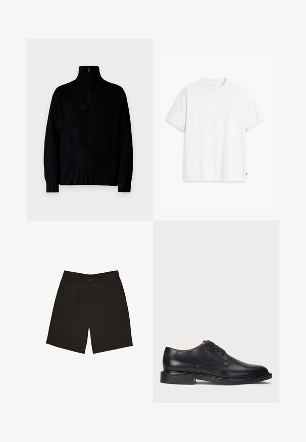 Pulover negru cu guler înalt, cu textură canelată și fermoar pe jumătate la guler, având mâneci lungi și o croială lejeră. Textura este moale și groasă.; Tricou alb din bumbac, cu mâneci scurte, decolteu rotund și un logo discret „Levi's” imprimat într-o culoare deschisă pe partea din față.; Shorts negre dintr-un material neted, cu un singur nasture frontal, pliuri și buzunare laterale, concepute pentru o potrivire confortabilă.; Pantofle din piele neagră cu vârful rotund, design cu șireturi și toc jos stratificat. Textură netedă cu detalii de cusătură minime.