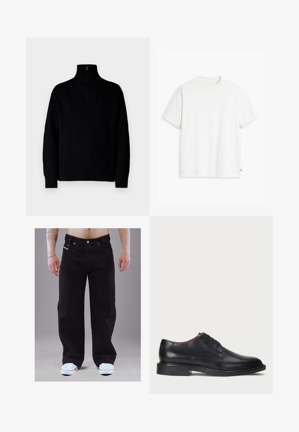 Black ribbed turtleneck sweater with a half-zip at the collar, featuring long sleeves and a relaxed fit. The texture is soft and chunky.; White cotton t-shirt with short sleeves, crew neck, and subtle Levi's logo printed in the center. Soft texture and standard fit.; Black denim pants with a straight-leg design, five pockets, metal button closure, and visible stitching. Paired with white sneakers.; Black leather dress shoe with a round toe, lace-up design, and a low stacked heel. Smooth texture with minimal stitching details.
