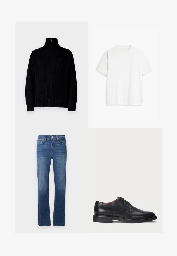 Musta ribbed turtleneck-neulepaita, jossa on puolivetoketju kauluksessa, pitkät hihat ja rento istuvuus. Tekstuuri on pehmeä ja paksu.; Valkoinen puuvillapaita, jossa on lyhyet hihat, pyöreä pääntie ja hienovarainen Levi's-logo painettuna keskelle. Pehmeä kangas ja normaali istuvuus.; Tummansiniset farkut suoralla lahkeella, viisi-taskuinen tyyli ja kontrastitikkaukset. Varustettu napilla ja vetoketjukiinnityksellä.; Musta nahkakenkä, jossa on pyöreä varvas, nauhakiinnitys ja matala tukipohja. Tasainen pinta, jossa on minimaalinen ommeltu yksityiskohta.