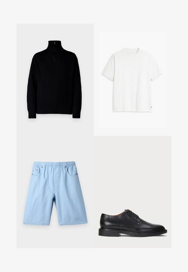 Svart ribbestrikket høyhalset genser med halv glidelås i kragen, med lange ermer og en avslappet passform. Teksturen er myk og tykk.; Hvit bomull t-skjorte med korte ermer, rund hals og subtilt Levi's-logo trykt i midten. Myk tekstur og standard passform.; Lyseblå shorts med elastisk midje, to frontlommer og en glatt tekstur. Laget av et mykt stoff, egnet for avslappet bruk.; Sorte skinnsko med rund tå, snøring og lav, stablet hæl. Glatt tekstur med minimale sømdetaljer.