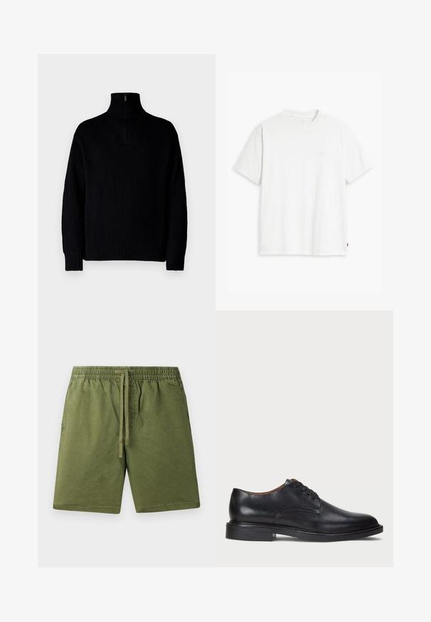 Black ribbed turtleneck sweater with a half-zip at the collar, featuring long sleeves and a relaxed fit. The texture is soft and chunky.; White cotton t-shirt with short sleeves, round neckline, and a subtle "Levi's" logo printed in light color on the front.; Khaki green shorts made of soft cotton, featuring an elastic waistband with a drawstring and side pockets. Smooth texture, casual design.; Black leather dress shoe with a round toe, lace-up design, and a low stacked heel. Smooth texture with minimal stitching details.