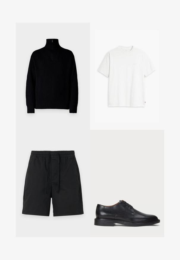 Czarny sweter z golfem o prążkowanej struktury z połową suwaka przy kołnierzu, z długimi rękawami i luźnym krojem. Tekstura jest miękka i gruba.; Biały bawełniany t-shirt z krótkimi rękawami, okrągłym dekoltem i subtelnym, jasnym nadrukiem z logo "Levi's" na przodzie.; Czarne szorty z elastycznym pasem i sznurkiem. Wykonane z lekkiego materiału, z bocznymi kieszeniami i prostym, klasycznym wzorem.; Czarne skórzane buty wizytowe z okrągłym noskiem, sznurowanym zapięciem i niskim, warstwowym obcasem. Gładka faktura z minimalnymi detalami stębnowania.