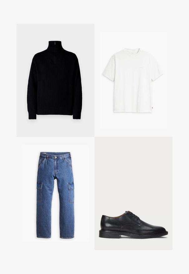 Svart ribbad polotröja med halvdragkedja i kragen, med långa ärmar och avslappnad passform. Texturen är mjuk och kraftig.; Vit bomulls-t-shirt med korta ärmar, rund halsringning och en diskret "Levi's"-logotyp tryckt i ljus färg på framsidan.; Blå denim cargo byxor med rak bendesign, två sidofickor och synliga sömnadsdetaljer. Övergripande en avslappnad och funktionell stil.; Svart läderklänningsko med rund tå, snörning och låg staplad klack. Slät yta med minimala sömdetaljer.