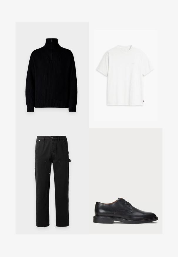 Black ribbed turtleneck sweater with a half-zip at the collar, featuring long sleeves and a relaxed fit. The texture is soft and chunky.; White cotton t-shirt with short sleeves, crew neck, and subtle Levi's logo printed in the center. Soft texture and standard fit.; Black cotton pants with a straight leg design, two front pockets, side utility pocket, and snap-button details.; Black leather dress shoe with a round toe, lace-up design, and a low stacked heel. Smooth texture with minimal stitching details.