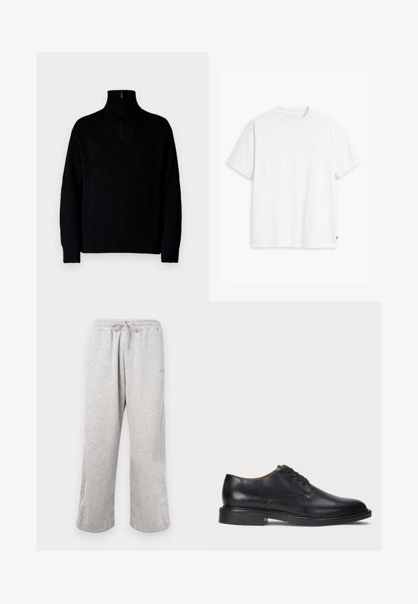 Fekete bordázott garbó pulóver fél cipzárral a gallérnál, hosszú ujjakkal és laza szabással. A textúrája puha és vastag.; Fehér pamut póló rövid ujjakkal, kerek nyakkal és diszkrét Levi's logóval a középen. Puha tapintású és szabványos szabású.; Szürke, puha anyagú melegítőnadrág, rugalmas derékrésszel és húzózsinórral, oldalsó varrásokkal, amelyek kontrasztos színűek.; Fekete bőrből készült dresszcipő kerek orral, fűzős kialakítással és alacsony, rétegelt sarkával. Simás felület minimális varrási részletekkel.