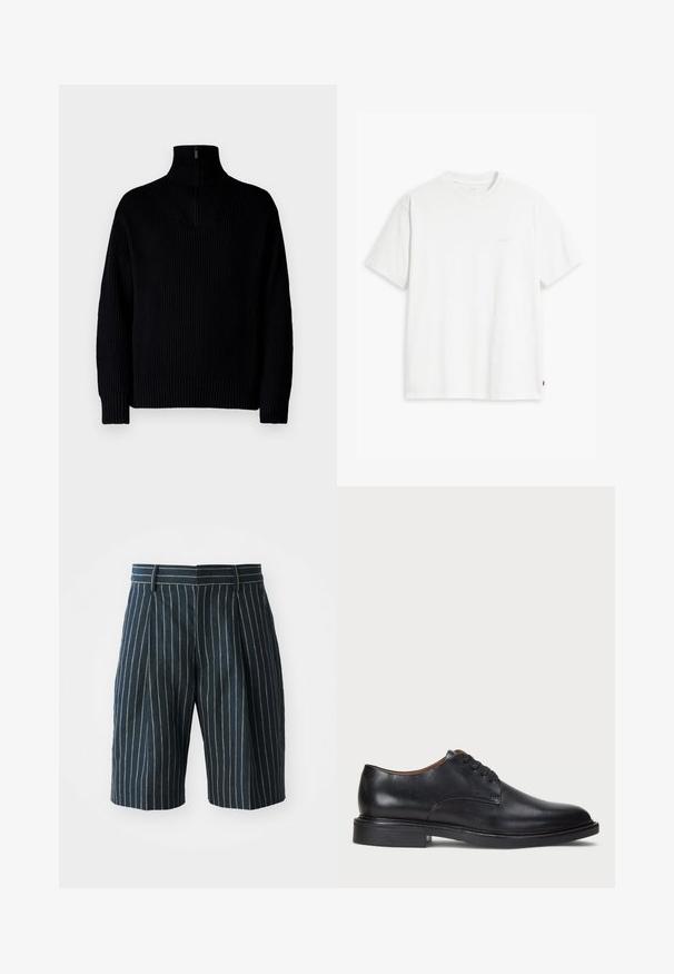 Schwarzer gerippter Rollkragenpullover mit einem Halb-Reißverschluss am Kragen, langärmlig und in lässiger Passform. Die Textur ist weich und grob.; Weißes Baumwoll-T-Shirt mit kurzen Ärmeln, rundem Ausschnitt und einem dezenten "Levi's"-Logo in heller Farbe auf der Vorderseite.; Blaue, gestreifte Shorts mit geradem Schnitt, ausgestattet mit einem Bund und Falten, aus einem strukturierten Stoff gefertigt. Keine sichtbaren Taschen oder Beschläge.; Schwarze Lederdressschuhe mit runder Zehenform, Schnürdesign und niedrigem gestapeltem Absatz. Glatte Textur mit minimalen Nähten.
