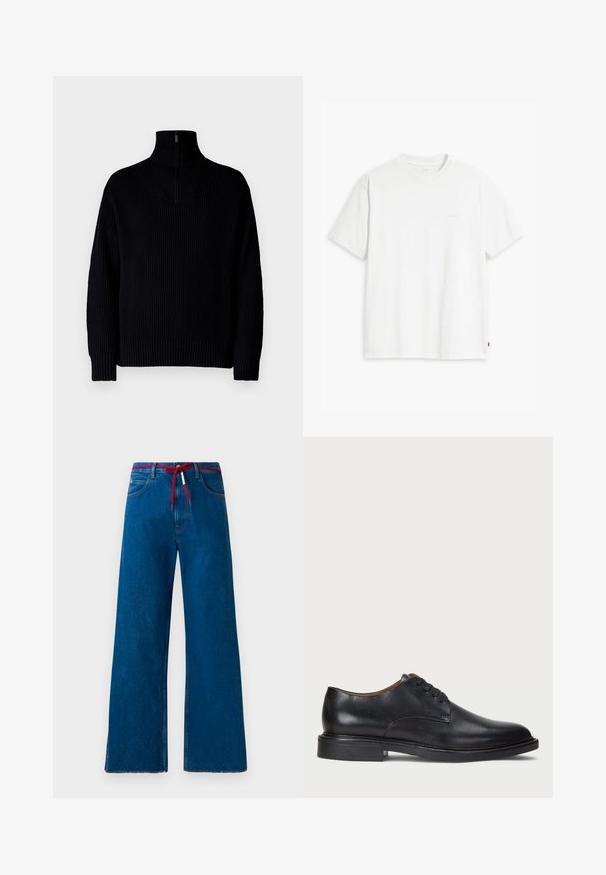 Melnā, ribiņota turtleneck džemperis ar pusi rāvējslēdzēju apkaklē, garām piedurknēm un brīvu piegriezumu. Audums ir mīksts un masīvs.; Balts kokvilnas T-krekls ar īsām piedurknēm un apaļu kakla izgriezumu, priekšpusē redzama smalka gaišas krāsas "Levi's" logo.; Plaši zili denima džinsi ar sarkanu auklu viduklī, ar klasisku piecu kabatu dizainu un saplēstām malām.; Melnas ādas kleitu kurpes ar apaļu purngalu, auklu dizainu un zemu sakrautu papēdi. Gluda virsma ar minimālām šuvju detaļām.