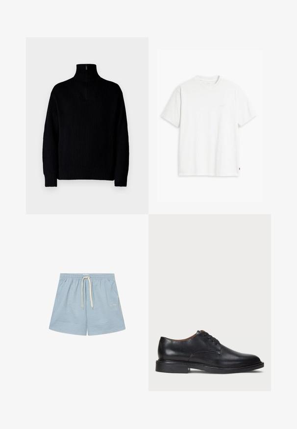 Maglione a collo alto nero a coste con mezza zip al collo, caratterizzato da maniche lunghe e una vestibilità comoda. La texture è morbida e spessa.; T-shirt bianca in cotone con maniche corte, colletto tondo e logo Levi's discreto stampato al centro. Texture morbida e vestibilità standard.; Costumi da bagno a righe blu con vita elastica e cordino bianco. Presentano un tessuto leggero e un logo discreto in basso a sinistra.; Scarpa da uomo in pelle nera con punta rotonda, design con lacci e tacco basso impilato. Texture liscia con dettagli di cucitura minimi.