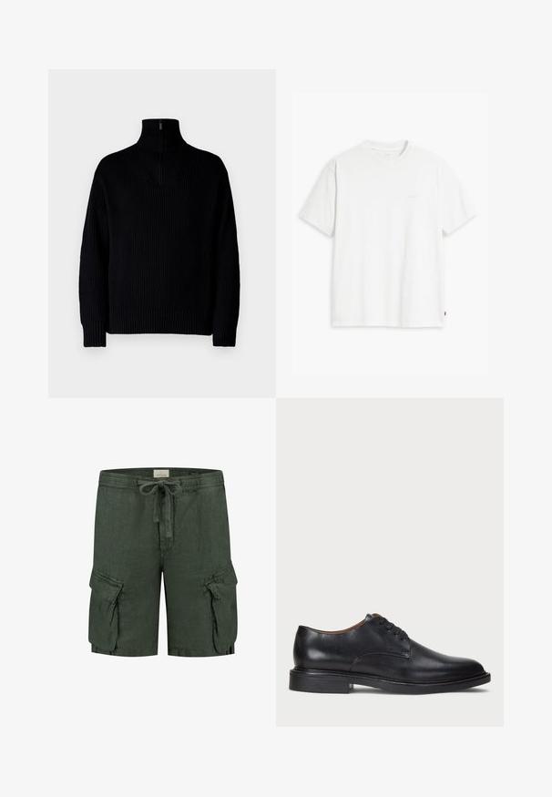 Juodas surištas golfas su pusiau užtraukiamu uždaru apykakle, ilgomis rankovėmis ir laisvu siluetu. Audinys yra minkštas ir storas.; Balta medvilninė marškinė su trumpomis rankovėmis, apvaliu kaklu ir subtiliu Levi's logotipu viduryje. Minkšta tekstūra ir standartinė išvaizda.; Tamsiai žali lininiai cargo šortai su elastiniu juosmeniu, raištelių uždarymu ir dviem šoninėmis kišenėmis su atvartų detalėmis.; Juodas odinis suknių batelis su apvalia nosimi, raišteliais ir žemu, sukrautu kulnu. Lygus paviršius su minimaliais siuvinėjimo detalėmis.