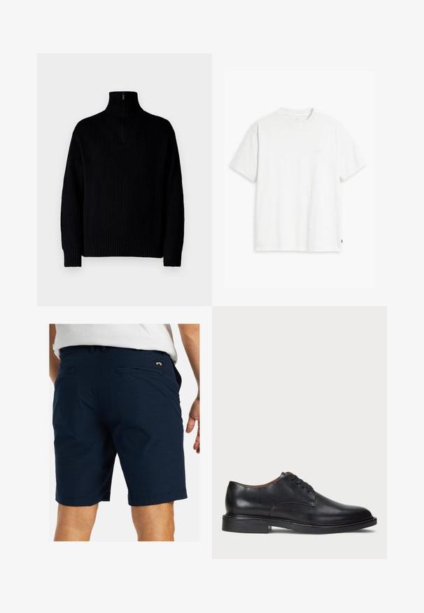 Musta ribbed turtleneck-neulepaita, jossa on puolivetoketju kauluksessa, pitkät hihat ja rento istuvuus. Tekstuuri on pehmeä ja paksu.; Valkoinen puuvillapaita, jossa on lyhyet hihat, pyöreä pääntie ja hienovarainen Levi's-logo painettuna keskelle. Pehmeä kangas ja normaali istuvuus.; Tummansininen lyhyet housut kevyestä kankaasta, joissa on tasainen etuosa, kaksi takataskua ja ompelu helman kohdalla.; Musta nahkakenkä, jossa on pyöreä varvas, nauhakiinnitys ja matala tukipohja. Tasainen pinta, jossa on minimaalinen ommeltu yksityiskohta.