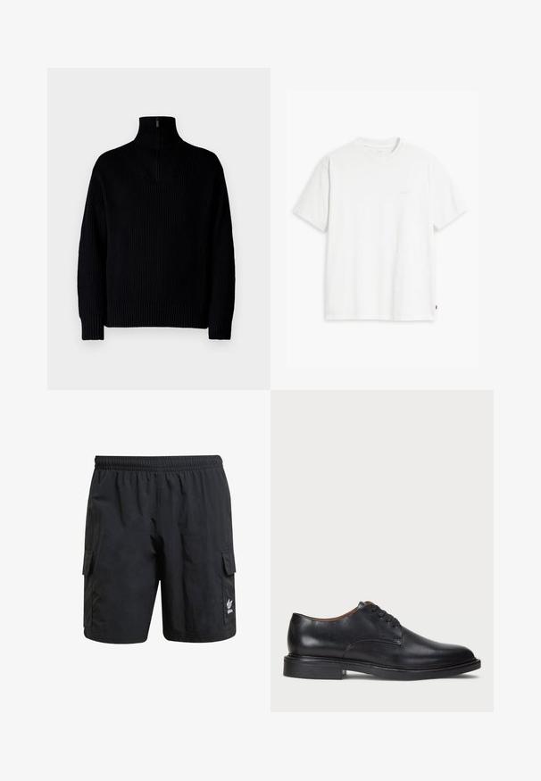Čierny rebrovaný rolák so zipsom po polovici goliera, s dlhými rukávmi a voľným strihom. Textúra je mäkká a robustná.; Biele bavlnené tričko s krátkymi rukávmi, okrúhlym výstrihom a jemne svetlým logom "Levi's" potlačeným na prednej strane.; Čierne cargo šortky s elastickým pásom, dvoma bočnými vreckami a logom na dolnej časti nohavice. Vyrobené z ľahkej látky s hladkým povrchom.; Čierne kožené spoločenské topánky s okrúhlym špičkou, šnurovacím dizajnom a nízkym zloženým podpätkom. Hladký povrch s minimálnymi švovými detailmi.