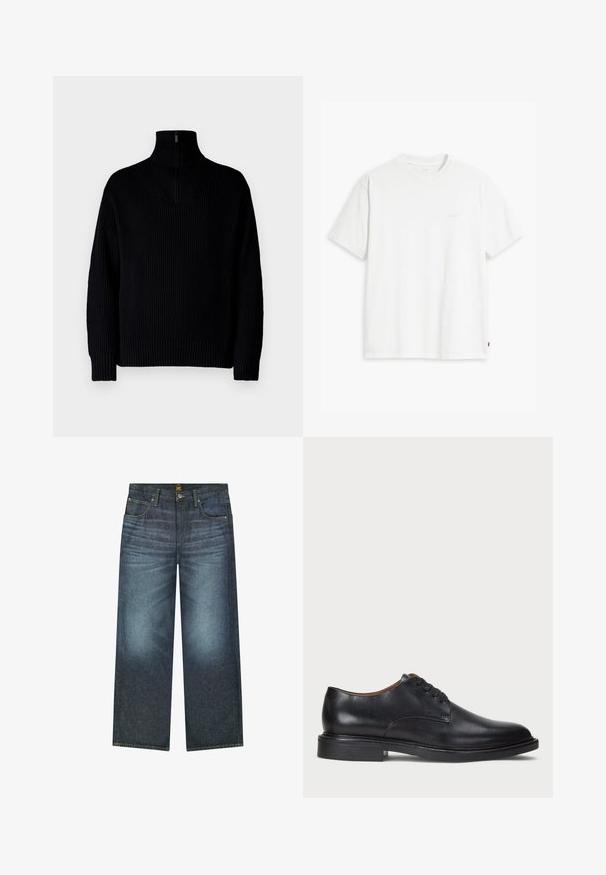 Zwarte geribbelde coltrui met een halve rits bij de kraag, voorzien van lange mouwen en een comfortabele pasvorm. De structuur is zacht en chunky.; Witte katoenen T-shirt met korte mouwen, ronde hals en subtiele Levi's logo gedrukt in het midden. Zachte textuur en standaard pasvorm.; Donkerblauwe wijde jeans van denim, met vijf zakken, contrasterende stiksels en een knoopsluiting in de taille.; Zwart leren dresschoen met een ronde neus, vetersluiting en een lage gestapelde hak. Gladde textuur met minimale stiksels.