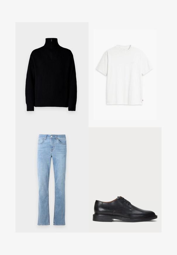 Musta ribbed turtleneck-neulepaita, jossa on puolivetoketju kauluksessa, pitkät hihat ja rento istuvuus. Tekstuuri on pehmeä ja paksu.; Valkoinen puuvillapaita, jossa on lyhyet hihat, pyöreä pääntie ja hienovarainen Levi's-logo painettuna keskelle. Pehmeä kangas ja normaali istuvuus.; Vaaleansiniset suorat farkut, jotka on valmistettu puuvilladenimistä. Sisältävät viisi taskua, etupainon sulkemisen ja hillittyjä ompelu-yksityiskohtia.; Musta nahkakenkä, jossa on pyöreä varvas, nauhakiinnitys ja matala tukipohja. Tasainen pinta, jossa on minimaalinen ommeltu yksityiskohta.