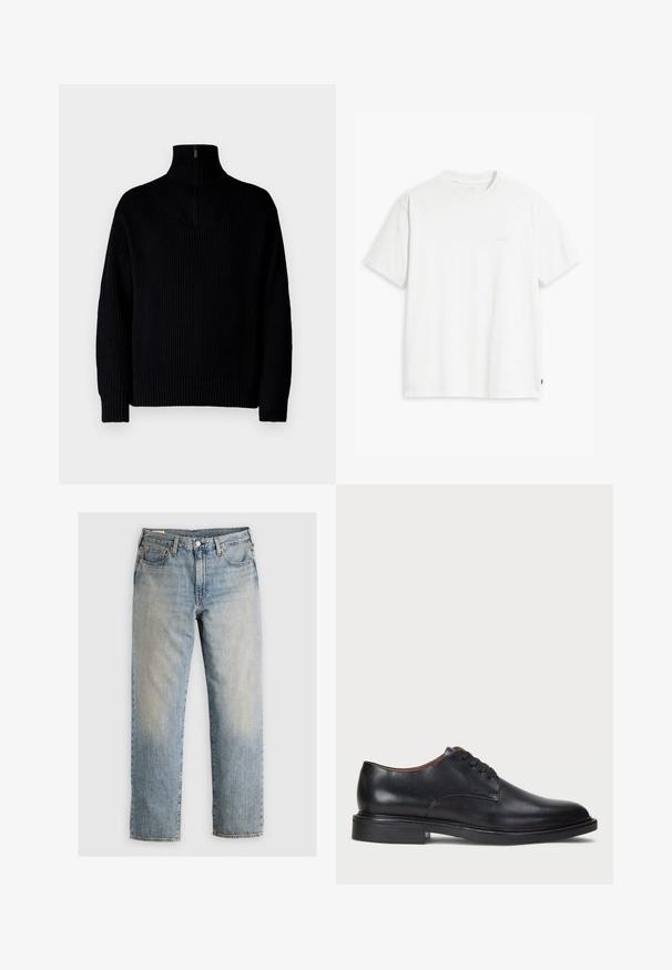 Melnā, ribiņota turtleneck džemperis ar pusi rāvējslēdzēju apkaklē, garām piedurknēm un brīvu piegriezumu. Audums ir mīksts un masīvs.; Balts kokvilnas T-krekls ar īsām piedurknēm un apaļu kakla izgriezumu, priekšpusē redzama smalka gaišas krāsas "Levi's" logo.; Gaiši zili džinsi ar taisnu kāju dizainu, piecu kabatu stilu un redzamām šuvēm. Izbalējusi krāsa un misiņa detaļas.; Melnas ādas kleitu kurpes ar apaļu purngalu, auklu dizainu un zemu sakrautu papēdi. Gluda virsma ar minimālām šuvju detaļām.