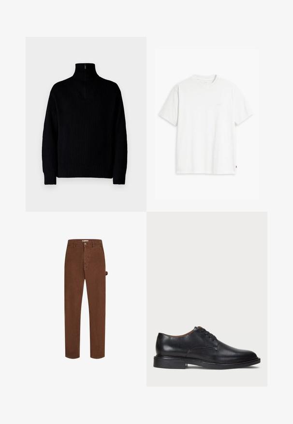 Musta ribbed turtleneck-neulepaita, jossa on puolivetoketju kauluksessa, pitkät hihat ja rento istuvuus. Tekstuuri on pehmeä ja paksu.; Valkoinen puuvillainen t-paita, jossa on lyhyet hihat, pyöreä pääntie ja etupuolella vaalealla värillä painettu hillitty "Levi's"-logo.; Ruske alettihousut, joissa on suora leikkaus, edessä nappisulku ja yksi sivu lenkk yksityiskohta. Kangas näyttää pehmeältä ja tekstuuriltaan mielenkiintoiselta.; Musta nahkakenkä, jossa on pyöreä varvas, nauhakiinnitys ja matala tukipohja. Tasainen pinta, jossa on minimaalinen ommeltu yksityiskohta.
