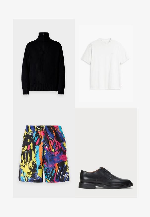 Fekete bordázott garbó pulóver fél cipzárral a gallérnál, hosszú ujjakkal és laza szabással. A textúrája puha és vastag.; Fehér pamut rövid ujjú póló, kerek nyakkivágással és egy finom, világos színű "Levi's" logóval az elején.; Többszínű fürdőnadrág, amely absztrakt mintával rendelkezik fekete, kék, sárga, rózsaszín és narancssárga színekben. Rugalmas derékpánt oldalsávokkal.; Fekete bőrből készült dresszcipő kerek orral, fűzős kialakítással és alacsony, rétegelt sarkával. Simás felület minimális varrási részletekkel.