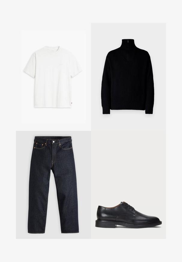 Črna rebrasta pulover z visoko ovratnikom in zadrgo do polovice ovratnika, dolgimi rokavi in sproščenim krojem. Tekstura je mehka in debela.; Bela bombažna majica s kratkimi rokavi, okroglim ovratnikom in subtilnim logotipom Levi's, natisnjenim na sredini. Mehak material in standardna oblika.; Temno modri kavbojki s ravnim krojem, petimi žepi, kontrastnim oranžnim šivom in gumbom za zapiranje. Brez vidnih vzorcev ali okraskov.; Črne usnjene oblečne čevlje s krožno konico, zavezovanje z vezalkami in nizko plastiko. Gladka tekstura z minimalnimi šivi.