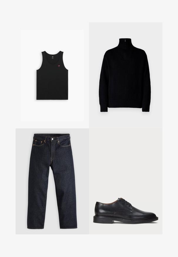 Fekete bordázott garbó pulóver fél cipzárral a gallérnál, hosszú ujjakkal és laza szabással. A textúrája puha és vastag.; Fekete pamut tank top, kör alakú nyakkivágással és széles pántokkal. A bal mell részen egy kis piros logó található. Simább textúrájú.; Sötétkék farmernadrág egyenes szabással, öt zsebbel, kontrasztos narancssárga varrással és gombos záródással. Nem látható rajta mintázat vagy díszítés.; Fekete bőrből készült dresszcipő kerek orral, fűzős kialakítással és alacsony, rétegelt sarkával. Simás felület minimális varrási részletekkel.