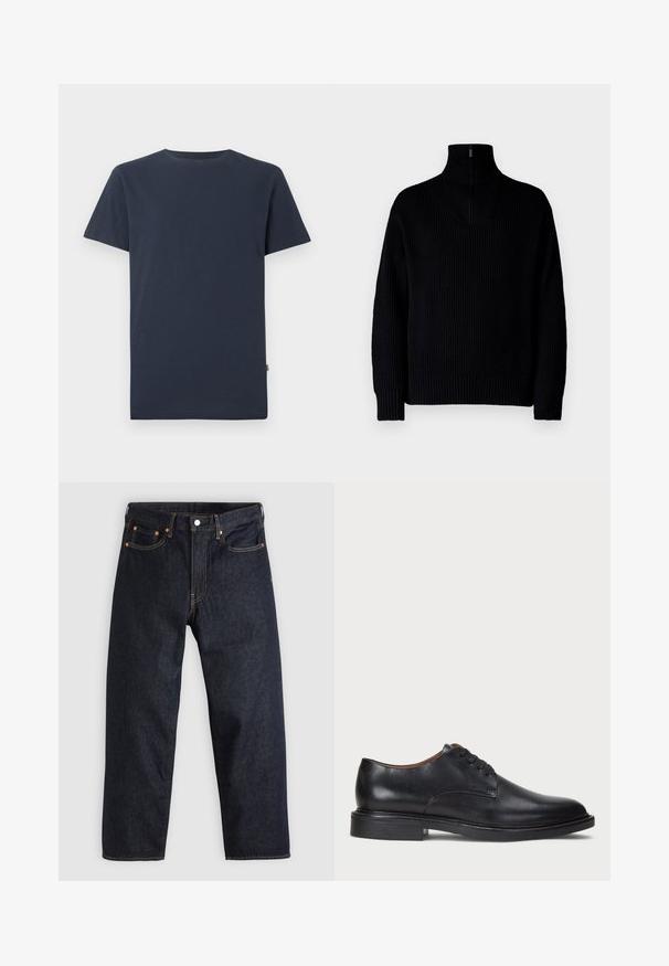 Melnā, ribiņota turtleneck džemperis ar pusi rāvējslēdzēju apkaklē, garām piedurknēm un brīvu piegriezumu. Audums ir mīksts un masīvs.; Tumši zila īsroku T-krekls no mīksta auduma; apaļa kakla izgriezums, taisna piegrieztne un neliela logotipa etiķete kreisajā pusē.; Tumši zili džinsi ar taisnu piegriezumu, piecām kabatām, kontrastējošiem apelsīnu diegiem un ar pogu aizdari. Nav redzamu rakstu vai rotājumu.; Melnas ādas kleitu kurpes ar apaļu purngalu, auklu dizainu un zemu sakrautu papēdi. Gluda virsma ar minimālām šuvju detaļām.