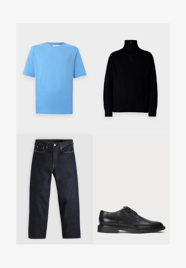 Svart ribbestrikket høyhalset genser med halv glidelås i kragen, med lange ermer og en avslappet passform. Teksturen er myk og tykk.; T-skjorte med kort erme i lys blå, laget av mykt stoff. Har en klassisk rund hals og rettskåret kant, med subtil teksturdetalj.; Mørkeblå denimjeans med rett snitt, fem lommer, kontrasterende oransjefarget søm, og glidelås med knapp. Ingen synlige mønster eller dekorasjoner.; Sorte skinnsko med rund tå, snøring og lav, stablet hæl. Glatt tekstur med minimale sømdetaljer.