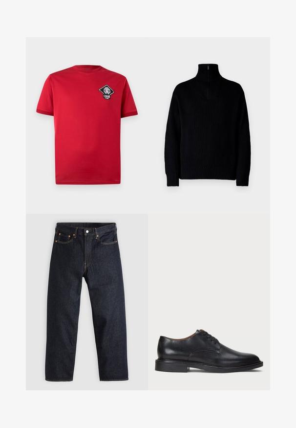 Musta ribbed turtleneck-neulepaita, jossa on puolivetoketju kauluksessa, pitkät hihat ja rento istuvuus. Tekstuuri on pehmeä ja paksu.; Punainen lyhythihainen puuvillainen t-paita, jossa on pyöreä kaula-aukko ja vasemmassa rinnassa mustavalkoinen timantinmuotoinen logo.; Tummansinisiä farkkuja, joissa on suora leikkaus, viisi taskua, kontrastiväriset oranssit tikkaukset ja napitus. Ei näkyviä kuvioita tai koristeita.; Musta nahkakenkä, jossa on pyöreä varvas, nauhakiinnitys ja matala tukipohja. Tasainen pinta, jossa on minimaalinen ommeltu yksityiskohta.