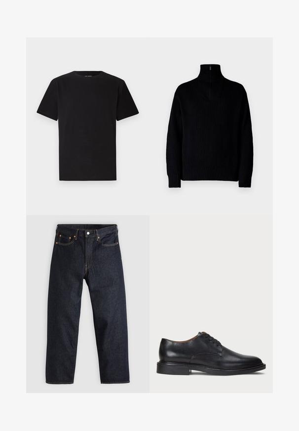 Svart ribbestrikket høyhalset genser med halv glidelås i kragen, med lange ermer og en avslappet passform. Teksturen er myk og tykk.; Svart t-skjorte med korte ermer laget av myk bomull, med rund hals og rett snitt uten synlige mønstre eller detaljer.; Mørkeblå denimjeans med rett snitt, fem lommer, kontrasterende oransjefarget søm, og glidelås med knapp. Ingen synlige mønster eller dekorasjoner.; Sorte skinnsko med rund tå, snøring og lav, stablet hæl. Glatt tekstur med minimale sømdetaljer.