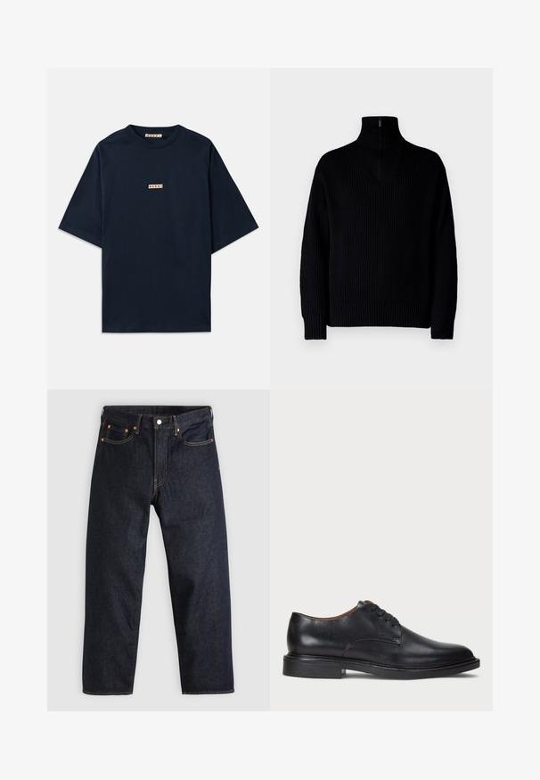 Črna rebrasta pulover z visoko ovratnikom in zadrgo do polovice ovratnika, dolgimi rokavi in sproščenim krojem. Tekstura je mehka in debela.; T-majica temno modre barve iz bombaža, z kratkimi rokavi, okroglim izrezom in majhnim rdečim ter belim logotipom na sprednji strani.; Temno modri kavbojki s ravnim krojem, petimi žepi, kontrastnim oranžnim šivom in gumbom za zapiranje. Brez vidnih vzorcev ali okraskov.; Črne usnjene oblečne čevlje s krožno konico, zavezovanje z vezalkami in nizko plastiko. Gladka tekstura z minimalnimi šivi.