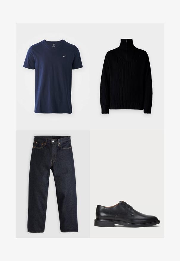 Black ribbed turtleneck sweater with a half-zip at the collar, featuring long sleeves and a relaxed fit. The texture is soft and chunky.; Navy blue cotton t-shirt with a v-neck, short sleeves, and a small embroidered logo on the chest. Soft texture and casual design.; Dark blue denim jeans with a straight cut, five pockets, contrasting orange stitching, and a button fly. No visible patterns or embellishments.; Black leather dress shoe with a round toe, lace-up design, and a low stacked heel. Smooth texture with minimal stitching details.