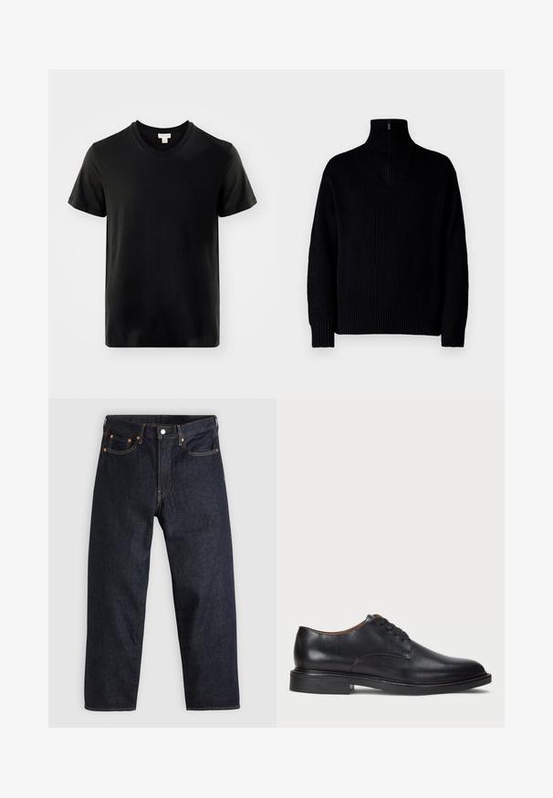 Juodas surištas golfas su pusiau užtraukiamu uždaru apykakle, ilgomis rankovėmis ir laisvu siluetu. Audinys yra minkštas ir storas.; Juodas medvilninis marškinėlių su V formos iškirpte, trumpomis rankovėmis ir mažuoju, subtiliu logotipu ant krūtinės. Minkšta tekstūra ir kasdienis dizainas.; Tamsiai mėlynos džinsinės kelnės su tiesiu kirpimu, penkiomis kišenėmis, kontrastingomis oranžinėmis siūlėmis ir mygtukų užtrauktuku. Nėra matomų raštų ar papuošimų.; Juodas odinis suknių batelis su apvalia nosimi, raišteliais ir žemu, sukrautu kulnu. Lygus paviršius su minimaliais siuvinėjimo detalėmis.