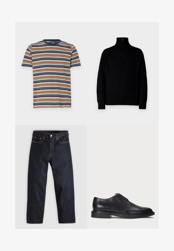 Črna rebrasta pulover z visoko ovratnikom in zadrgo do polovice ovratnika, dolgimi rokavi in sproščenim krojem. Tekstura je mehka in debela.; Črtasta majica s kratkimi rokavi, ki ima vodoravne rjave, mornarsko modre, bele in modre črte; bombažni material, okrogli ovratnik, majhna oznaka na prsih.; Temno modri kavbojki s ravnim krojem, petimi žepi, kontrastnim oranžnim šivom in gumbom za zapiranje. Brez vidnih vzorcev ali okraskov.; Črne usnjene oblečne čevlje s krožno konico, zavezovanje z vezalkami in nizko plastiko. Gladka tekstura z minimalnimi šivi.