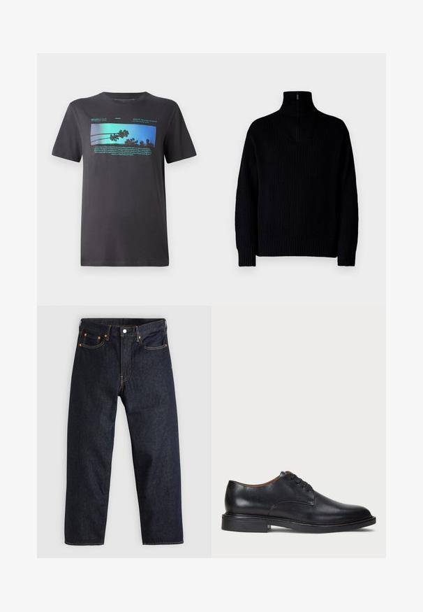 Črna rebrasta pulover z visoko ovratnikom in zadrgo do polovice ovratnika, dolgimi rokavi in sproščenim krojem. Tekstura je mehka in debela.; Moška črna majica iz mehkega bombaža. Ima živopisno modro grafiko z palmami in besedilom, okroglo izrezano ovratnik in kratke rokave.; Temno modri kavbojki s ravnim krojem, petimi žepi, kontrastnim oranžnim šivom in gumbom za zapiranje. Brez vidnih vzorcev ali okraskov.; Črne usnjene oblečne čevlje s krožno konico, zavezovanje z vezalkami in nizko plastiko. Gladka tekstura z minimalnimi šivi.