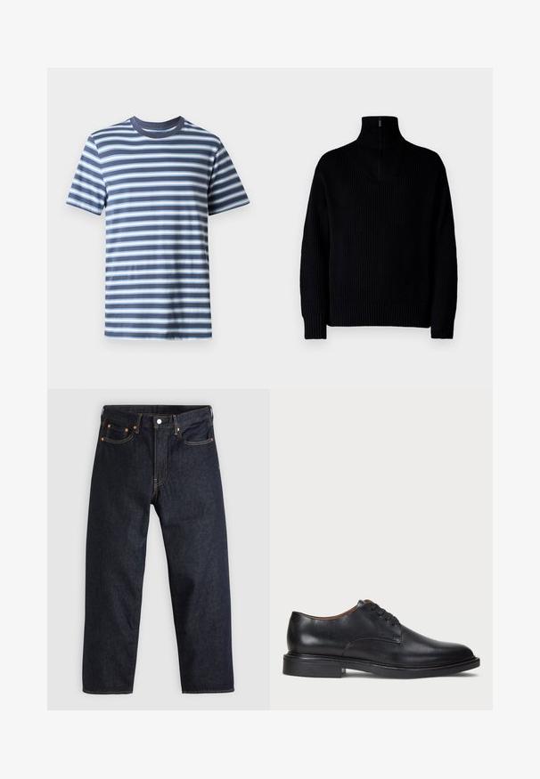 Černý žebrovaný rolák s polovičním zipem na límci, dlouhé rukávy a volný střih. Textura je měkká a hrubá.; Pruhované tričko v námořnické modré barvě s světle modrými a bílými vodorovnými pruhy. Klasický design s kulatým výstřihem, vyrobené z jemné bavlny.; Tmavomodré džíny z denimu se straight střihem, pěti kapsami, kontrastním oranžovým šitím a knoflíkovým zapínáním. Žádné viditelné vzory ani ozdoby.; Černé kožené společenské boty s kulatou špičkou, šněrováním a nízkým podpatkem. Hladký povrch s minimálním šitím.