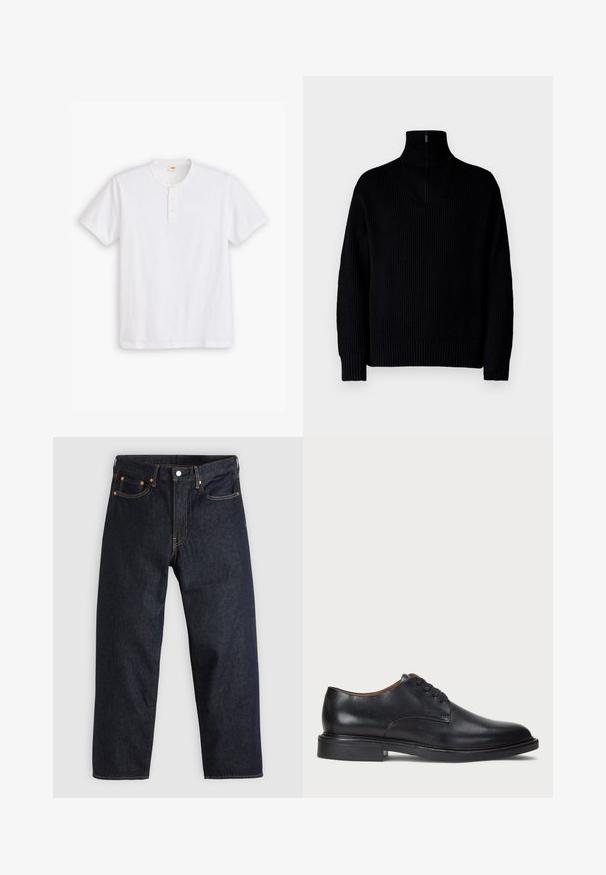 Črna rebrasta pulover z visoko ovratnikom in zadrgo do polovice ovratnika, dolgimi rokavi in sproščenim krojem. Tekstura je mehka in debela.; Bela kratka majica henley iz bombaža, z okroglim izrezom, tri gumbi in diskretnim logotipom na prsih.; Temno modri kavbojki s ravnim krojem, petimi žepi, kontrastnim oranžnim šivom in gumbom za zapiranje. Brez vidnih vzorcev ali okraskov.; Črne usnjene oblečne čevlje s krožno konico, zavezovanje z vezalkami in nizko plastiko. Gladka tekstura z minimalnimi šivi.