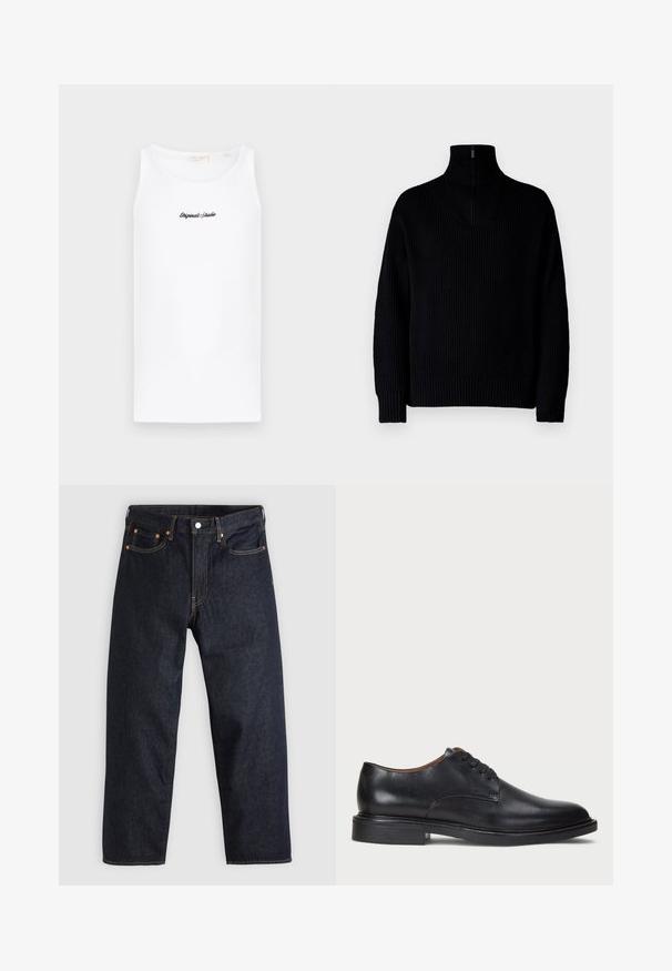 Svart ribbestrikket høyhalset genser med halv glidelås i kragen, med lange ermer og en avslappet passform. Teksturen er myk og tykk.; Hvit tanktopp laget av bomull, med rund halslinje og tettsittende fasong. Den har en svart, kursiv logo på fronten.; Mørkeblå denimjeans med rett snitt, fem lommer, kontrasterende oransjefarget søm, og glidelås med knapp. Ingen synlige mønster eller dekorasjoner.; Sorte skinnsko med rund tå, snøring og lav, stablet hæl. Glatt tekstur med minimale sømdetaljer.
