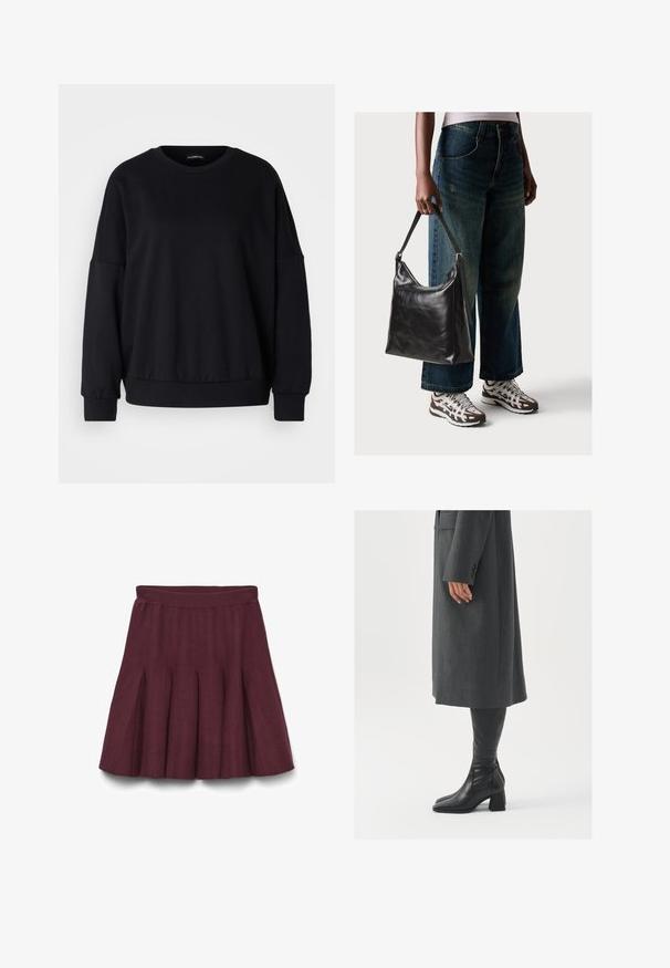 Črna majica s kapuco, sproščenega kroja, padajočimi rameni, rebrastimi manšetami in strukturirano tkanino. Minimalističen dizajn brez vzorcev.; Bordo plisirana krila z oprijetim pasom in teksturirano tkanino, s številnimi navpičnimi plisami za razširjeno silhueto.; Siv prešita zimska plašča ravnega kroja; obuta z visokimi črnimi usnjenimi škornji, ki imajo kvadratni nos in debel pet.; Črna usnjena torba za ramo z gladko teksturo in nastavljivim trakom, v kombinaciji z zbledelimi širokimi hlačami in športnimi supergami.