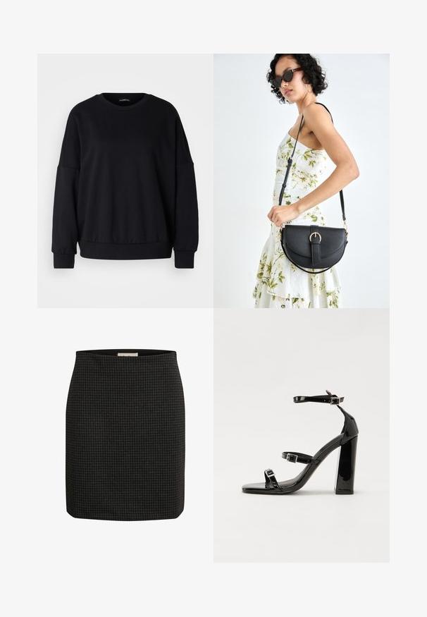 Sudadera negra con cuello redondo, corte relajado, hombros caídos, puños de canalé y una tela texturizada. Diseño minimalista sin patrones.; Falda de cuadros houndstooth en negro con un diseño ajustado, silueta recta y una textura suave. Dispone de una cinturilla para mayor comodidad.; Sandalias de tacón de charol negro con punta cuadrada, correas en el tobillo y hebillas plateadas. Presentan un tacón grueso para mayor estabilidad.; Bolso de piel negra con forma curva, correa desmontable y herrajes dorados. El bolso cuenta con una solapa con un detalle de hebilla.